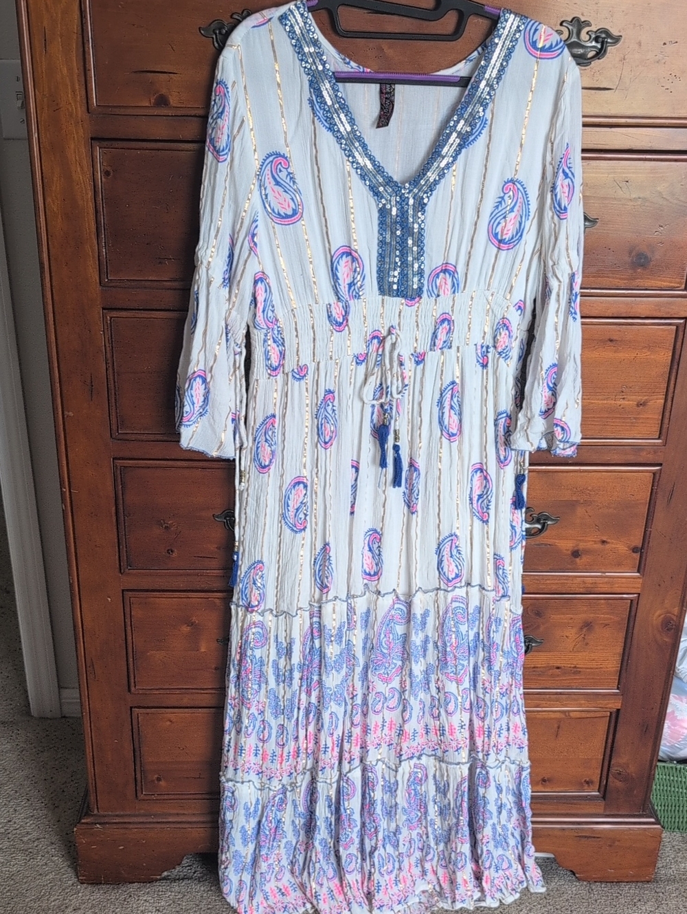 Bohemian Cream Paisley Maxi Dress with Blue Beaded V-Neck
